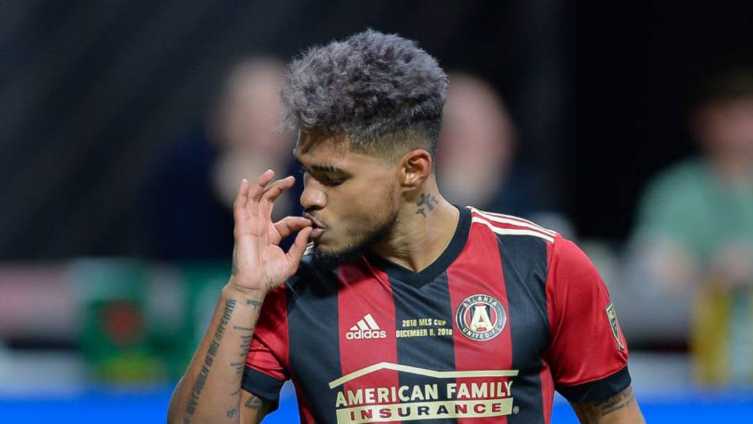 ATLANTA, GA DECEMBER 08: Atlanta's Josef Martinez (7) "smokes" the competition after scoring a goal during the MLS Cup between the Portland Timbers and Atlanta United FC on December 8th, 2018 at Mercedes-Benz Stadium in Atlanta, GA. (Photo by Rich von Biberstein/Icon Sportswire via Getty Images)